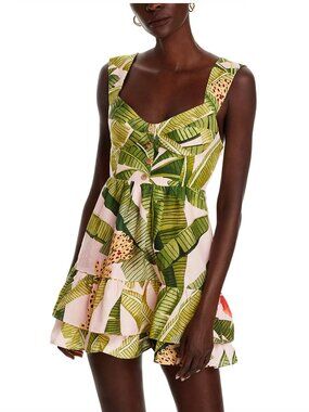 FARM Rio Pink Green Mini Dress Viscose Wooden Buttons Size M